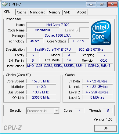 CPU-Z report, max power saving