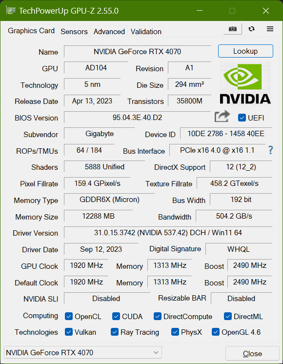 Report di GPU-Z con dettagli tecnici sulla scheda grafica